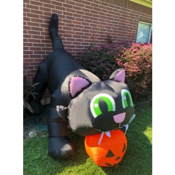 8Ft Halloween Giant Black Cat with Pumpkin Inflatable LED Lights Decor Outdoor